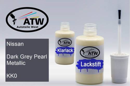 Nissan, Dark Grey Pearl Metallic, KK0: 20ml Lackstift + 20ml Klarlack - Set, von ATW Autoteile West.